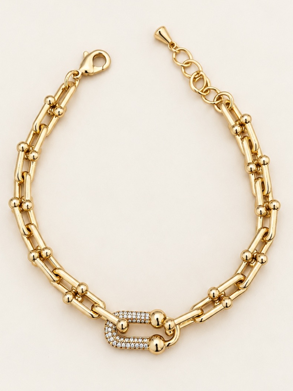 14K Gold Plated Pavé Carabiner Link Chain Bracelet Adjustable